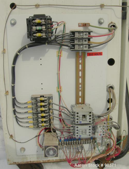 USED: Budzar Industries thermal fluid hot oil temperature controller, model 10T-1220-VLC. 3/60/460 volt, 17.4 amp. 12 kW heater. Temperature range 200 to 450 deg F. Mounted on casters.
