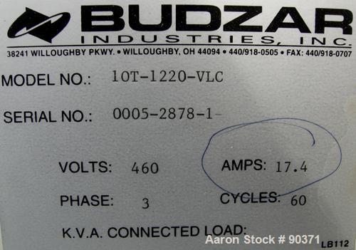 USED: Budzar Industries thermal fluid hot oil temperature controller, model 10T-1220-VLC. 3/60/460 volt, 17.4 amp. 12 kW heater. Temperature range 200 to 450 deg F. Mounted on casters.