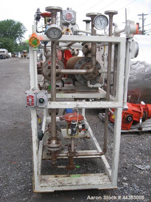 Used Chromalox electric oil heater, 30 kw capcity, electrically heated bayonet heater, 480 volt, 3 phase, skid mounted with Kontro centrifugal circulation pump, 316 stainless steel construction, 5 hp...