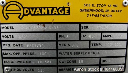 Used Advantage hot oil temperature control unit, model HSO-1830HC-41D2.  Rated 18 kw/zone, temperature range 100 - 500 degrees F, max operating pressure 100 psi.  1 hp, 3/60/480 volt.  Regal control ...