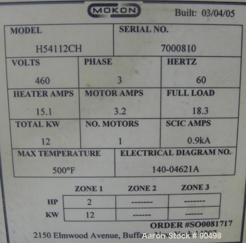 Used: Mokon hot oil temperature controller, model H54112CH. Maximum temperature 500 deg.f.. 3/60/460 volt, 12 kw, 15.1 heater amp. Mounted on casters. Built 2005