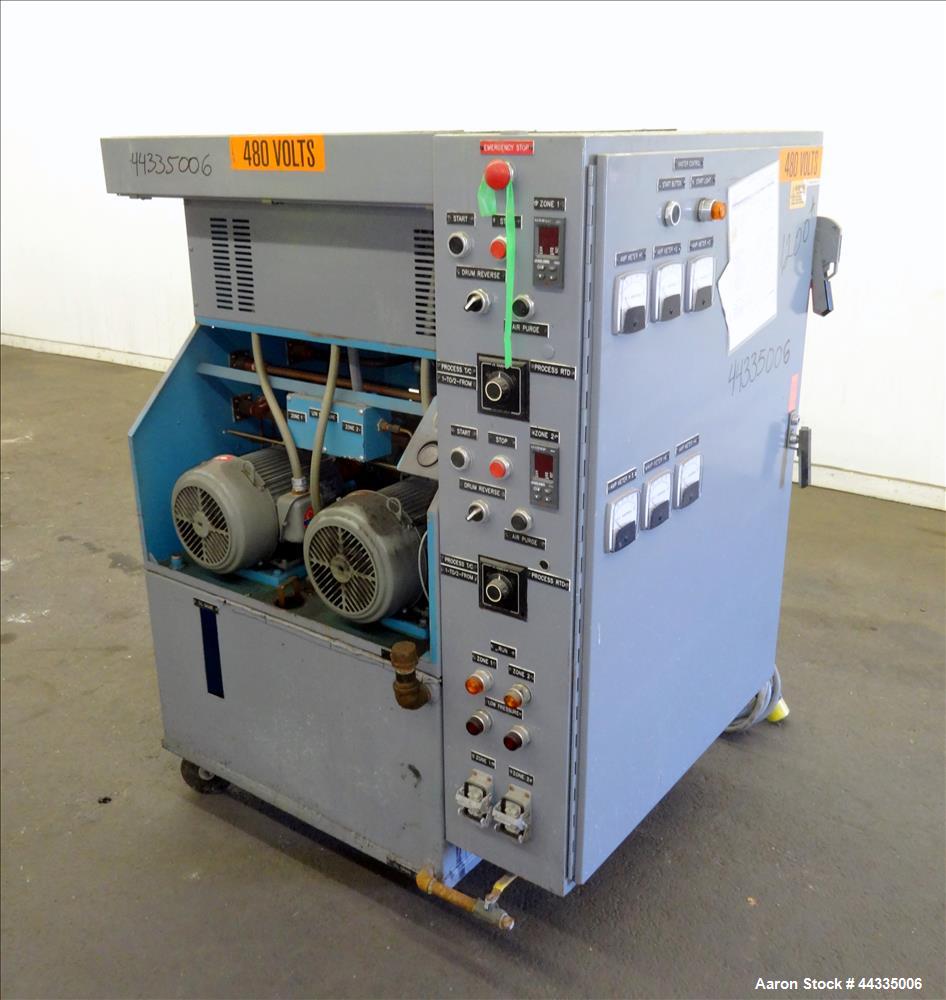 Used Mokon 12 Kw Oil Heater, Model MR4S06-EZ. (2) Zones, 6kW each. Driven by 1-1/2 hp motors. 3/60/480 volt. Mounted on a carbon steel frame. Serial# 29408, built 1993.