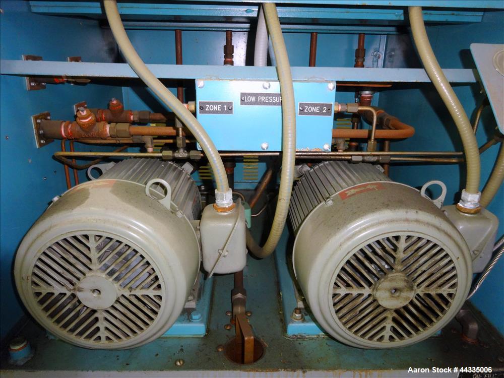 Used Mokon 12 Kw Oil Heater, Model MR4S06-EZ. (2) Zones, 6kW each. Driven by 1-1/2 hp motors. 3/60/480 volt. Mounted on a carbon steel frame. Serial# 29408, built 1993.