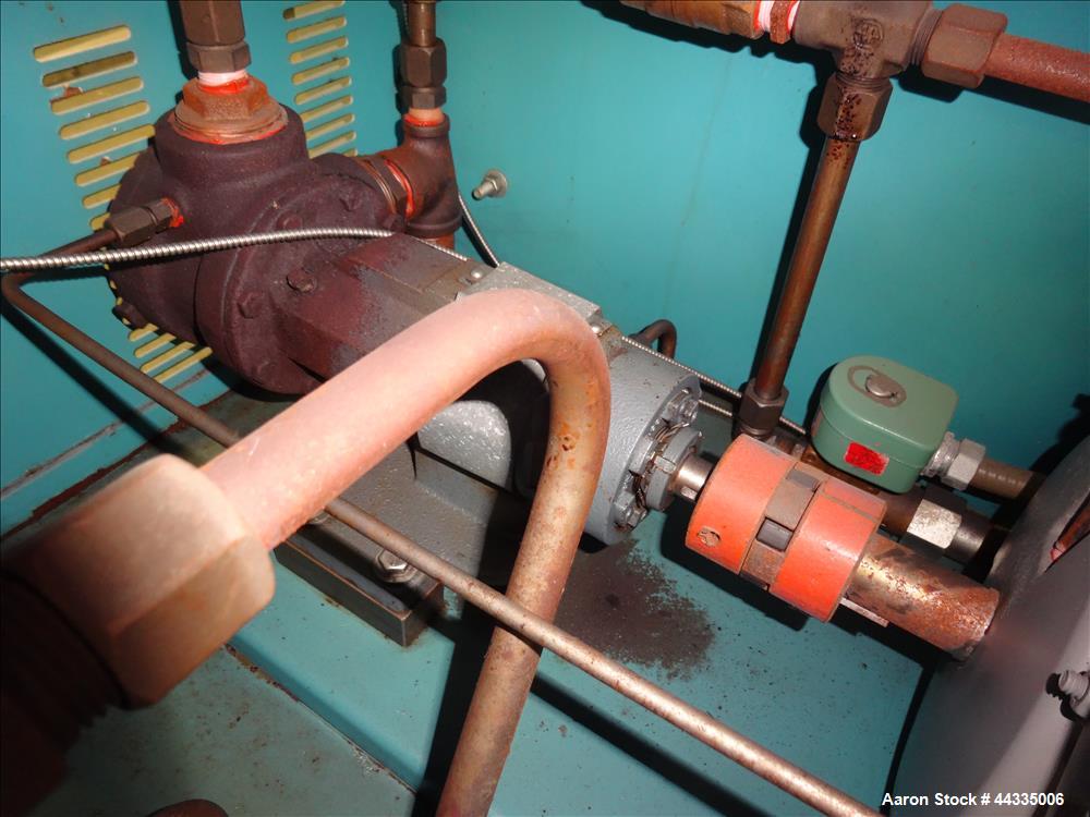 Used Mokon 12 Kw Oil Heater, Model MR4S06-EZ. (2) Zones, 6kW each. Driven by 1-1/2 hp motors. 3/60/480 volt. Mounted on a carbon steel frame. Serial# 29408, built 1993.
