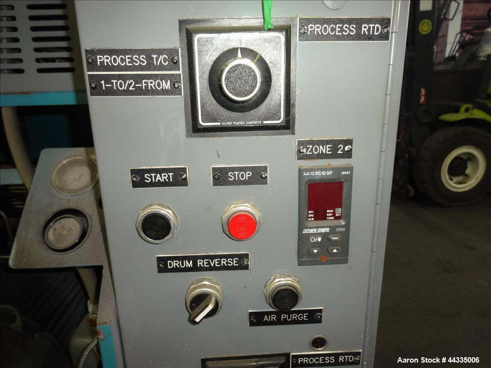 Used Mokon 12 Kw Oil Heater, Model MR4S06-EZ. (2) Zones, 6kW each. Driven by 1-1/2 hp motors. 3/60/480 volt. Mounted on a carbon steel frame. Serial# 29408, built 1993.