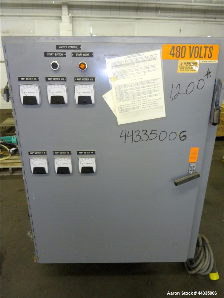 Used Mokon 12 Kw Oil Heater, Model MR4S06-EZ. (2) Zones, 6kW each. Driven by 1-1/2 hp motors. 3/60/480 volt. Mounted on a carbon steel frame. Serial# 29408, built 1993.