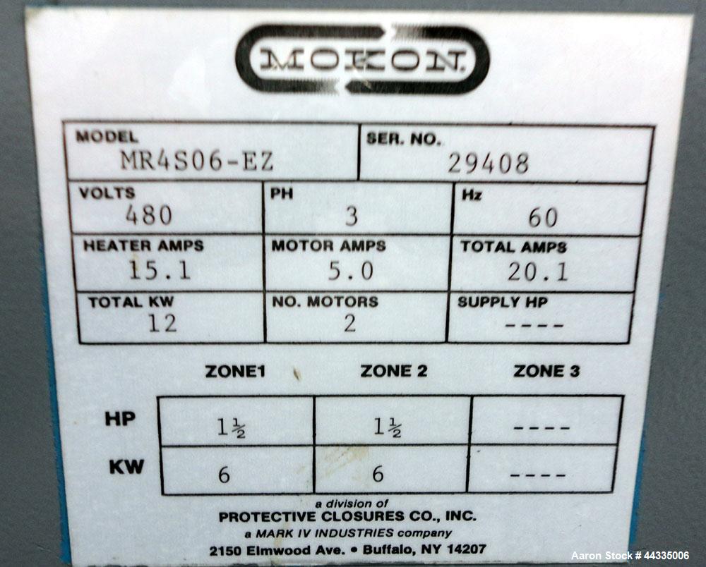 Used Mokon 12 Kw Oil Heater, Model MR4S06-EZ. (2) Zones, 6kW each. Driven by 1-1/2 hp motors. 3/60/480 volt. Mounted on a carbon steel frame. Serial# 29408, built 1993.