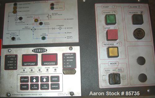 Used Sterlco Hot Oil Temperature Control Unit, Model M2B9026-J1. Single zone oil heater, 18 total kW. Temperature range to 550 deg F. 3/60/460 volt. M2B control panel. Mounted on casters.