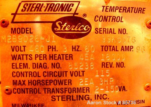 Used Sterlco Hot Oil Temperature Control Unit, Model M2B9026-J1. Single zone oil heater, 18 total kW. Temperature range to 550 deg F. 3/60/460 volt. M2B control panel. Mounted on casters.
