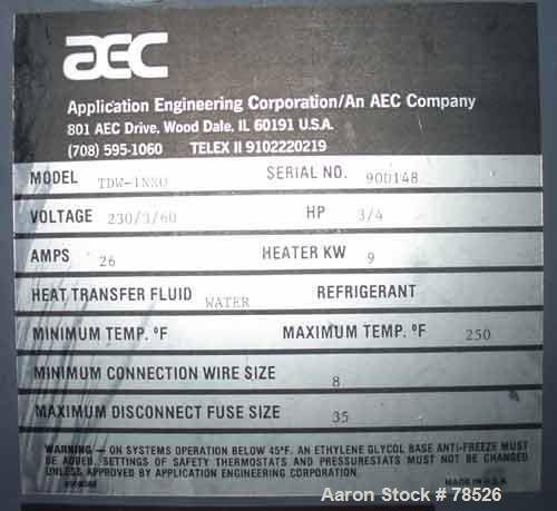 USED: AEC water temp unit, model TDW-1NX-Q, Heater 9 KW, 3/4 HP, 1" inlet and outlet,max temp 250 deg F, 3/60/230. Mounted on casters.