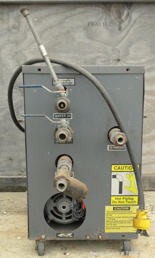 Used AEC Water Temperature Control Unit, Model TDW-1NX-Q. Heater rated 9 kW, 3/4 hp, 3/60/208-230/460 volt, 3450/2850 rpm pump. 1" inlet and outlet, maximum temperature rating 250 deg F. Mounted on c...