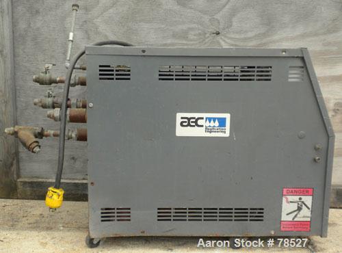 Used AEC Water Temperature Control Unit, Model TDW-1NX-Q. Heater rated 9 kW, 3/4 hp, 3/60/208-230/460 volt, 3450/2850 rpm pump. 1" inlet and outlet, maximum temperature rating 250 deg F. Mounted on c...