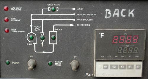 Used AEC Water Temperature Control Unit, Model TDW-1NX-Q. Heater rated 9 kW, 3/4 hp, 3/60/208-230/460 volt, 3450/2850 rpm pump. 1" inlet and outlet, maximum temperature rating 250 deg F. Mounted on c...