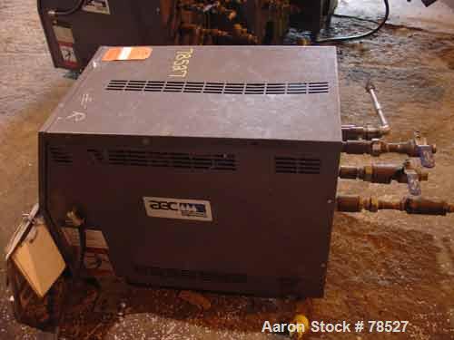 Used AEC Water Temperature Control Unit, Model TDW-1NX-Q. Heater rated 9 kW, 3/4 hp, 3/60/208-230/460 volt, 3450/2850 rpm pump. 1" inlet and outlet, maximum temperature rating 250 deg F. Mounted on c...
