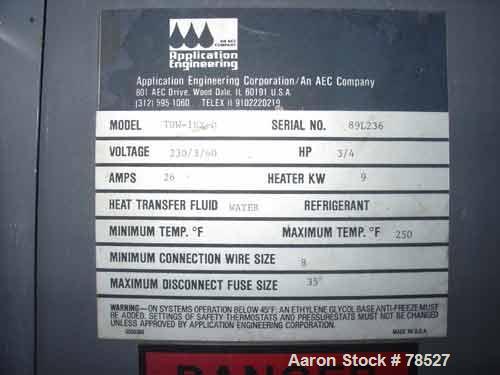 Used AEC Water Temperature Control Unit, Model TDW-1NX-Q. Heater rated 9 kW, 3/4 hp, 3/60/208-230/460 volt, 3450/2850 rpm pump. 1" inlet and outlet, maximum temperature rating 250 deg F. Mounted on c...