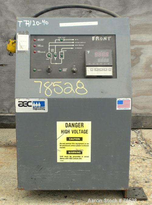 Used AEC Water Temperature Control Unit, Model TDW-1NX-Q. Heater rated 9 kW, 3/4 hp, 3/60/208-230/460 volt, 3450/2850 rpm pump. 1" inlet and outlet, maximum temperature rating 250 deg F. Mounted on c...