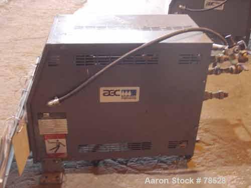Used AEC Water Temperature Control Unit, Model TDW-1NX-Q. Heater rated 9 kW, 3/4 hp, 3/60/208-230/460 volt, 3450/2850 rpm pump. 1" inlet and outlet, maximum temperature rating 250 deg F. Mounted on c...
