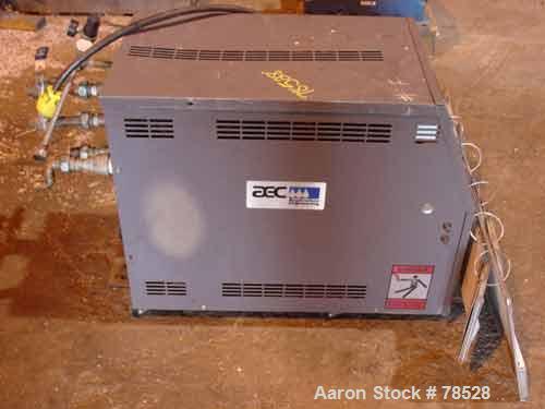Used AEC Water Temperature Control Unit, Model TDW-1NX-Q. Heater rated 9 kW, 3/4 hp, 3/60/208-230/460 volt, 3450/2850 rpm pump. 1" inlet and outlet, maximum temperature rating 250 deg F. Mounted on c...