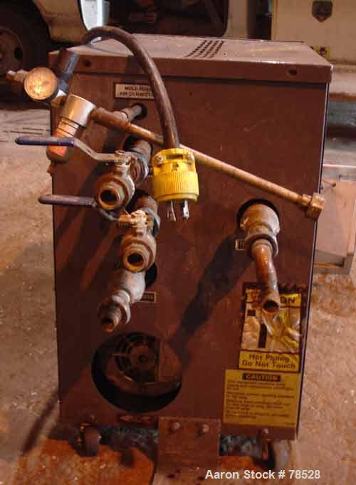 Used AEC Water Temperature Control Unit, Model TDW-1NX-Q. Heater rated 9 kW, 3/4 hp, 3/60/208-230/460 volt, 3450/2850 rpm pump. 1" inlet and outlet, maximum temperature rating 250 deg F. Mounted on c...