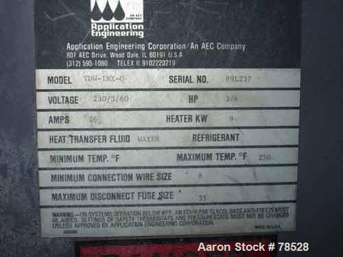 Used AEC Water Temperature Control Unit, Model TDW-1NX-Q. Heater rated 9 kW, 3/4 hp, 3/60/208-230/460 volt, 3450/2850 rpm pump. 1" inlet and outlet, maximum temperature rating 250 deg F. Mounted on c...