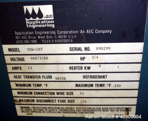 Used AEC Water Temperature Control Unit, Model TDW-1XT.  9 kW Heater, maximum temperature rating 230 degrees F. Includes an AEC Micro-Computer panel. 3/60/460 Volt. Mounted on casters.