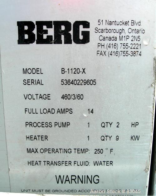 USED: Berg water temperature control unit, model B1120X. 9 kw, single zone, 3/60/460 volt, 14 amp, max temp 250 deg F. Mounted on casters.