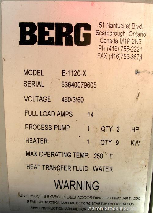 USED: Berg Water Temperature Control Unit, model B1120X. 9 kw, single zone, 3/60/460 volt, 14 amp, max temp 250 deg F. Mounted on casters.