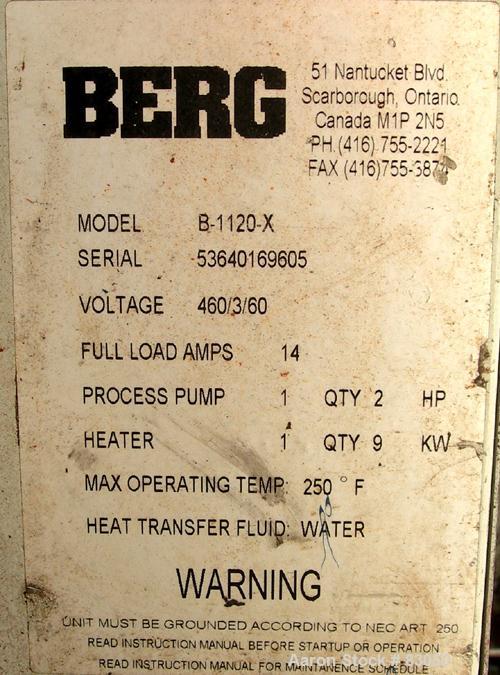 USED: Berg water temperature control unit, model B1120X. 9 kw, single zone, 3/60/460 volt, 14 amp, max temp 250 deg F. Mounted on casters.
