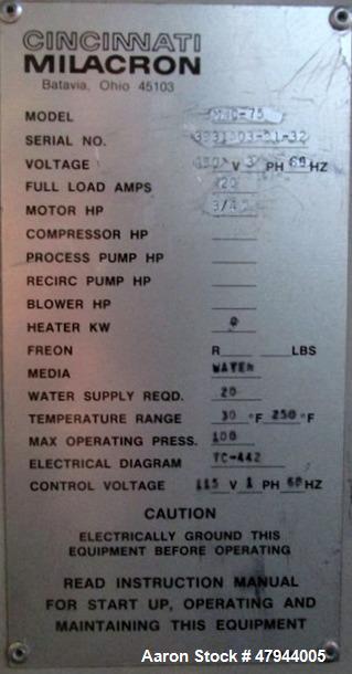 Used Cincinnati Milacron Water Temperature Control Unit, Model MWC-75. 0.75hp, maximum set temperature 250 degrees F. 3/60/480 volt, 20 amp. Serial# 3931A03-91-32.