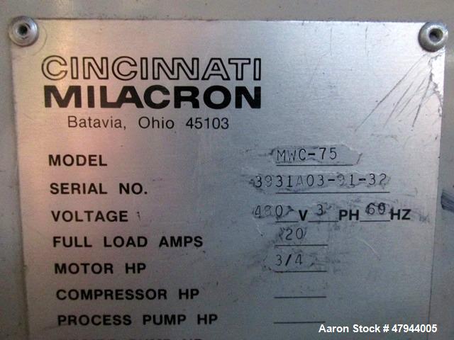 Used Cincinnati Milacron Water Temperature Control Unit, Model MWC-75. 0.75hp, maximum set temperature 250 degrees F. 3/60/480 volt, 20 amp. Serial# 3931A03-91-32.