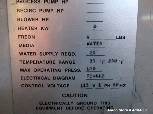 Used Cincinnati Milacron Water Temperature Control Unit, Model MWC-75. 0.75hp, maximum set temperature 250 degrees F. 3/60/480 volt, 20 amp. Serial# 3931A03-91-32.