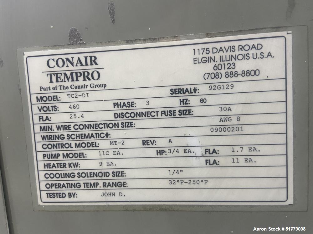 Used Conair Temperature Controller, Model TC2-DI. 9kW each, 18kW total. Operating temperature 32 to 250 Degrees F. Pumps 3/4hp. 3/60/460 volt, 30 amp. Mounted on casters. Serial# 92G129.