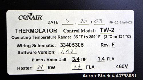 Used Conair Thermolator Water Temperature Controller, Model TW-2. 24 Kw heater, operating temperature range 35 to 250 degrees F. 3/60/460 Volt, 32 amps. Includes a TW-2 Microprocessor controller. Mou...
