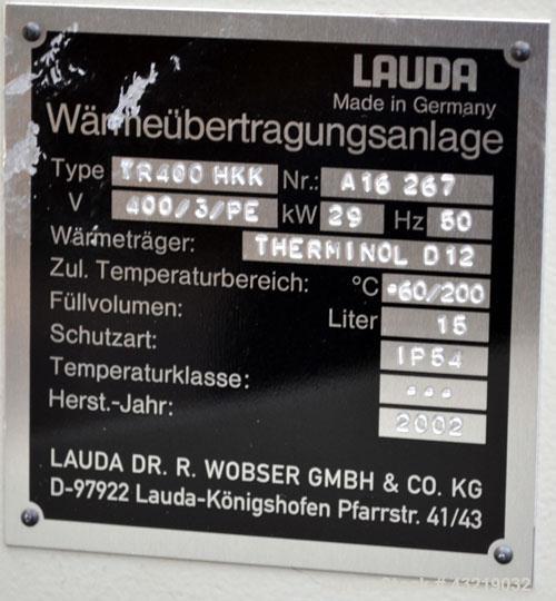 Used Lauda 29kW Secondary Circle Unit Heater, Type TR400HKK. Temperature range -60 to 200 degrees C. (-76 to 392 F.). 3/50/400 volt. Mounted on casters. Built 2002.