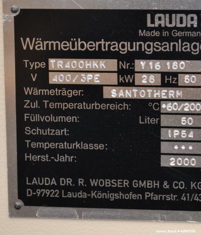 Used Lauda 28kW Secondary Circle Unit Heater, Type TR400HKK. Temperature range -60 to 200 degrees C. (-76 to 392 F.). 3/50/400 volt. Mounted on casters. Built 2000.
