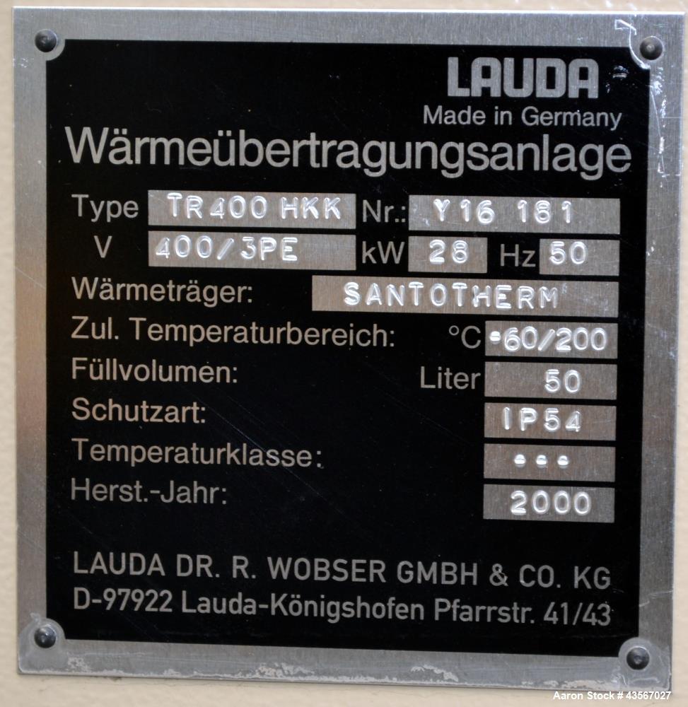 Used Lauda 28kW Secondary Circle Unit Heater, Type TR400HKK. Temperature range -60 to 200 degrees C. (-76 to 392 F.). 3/50/400 volt. Mounted on casters. Built 2000.