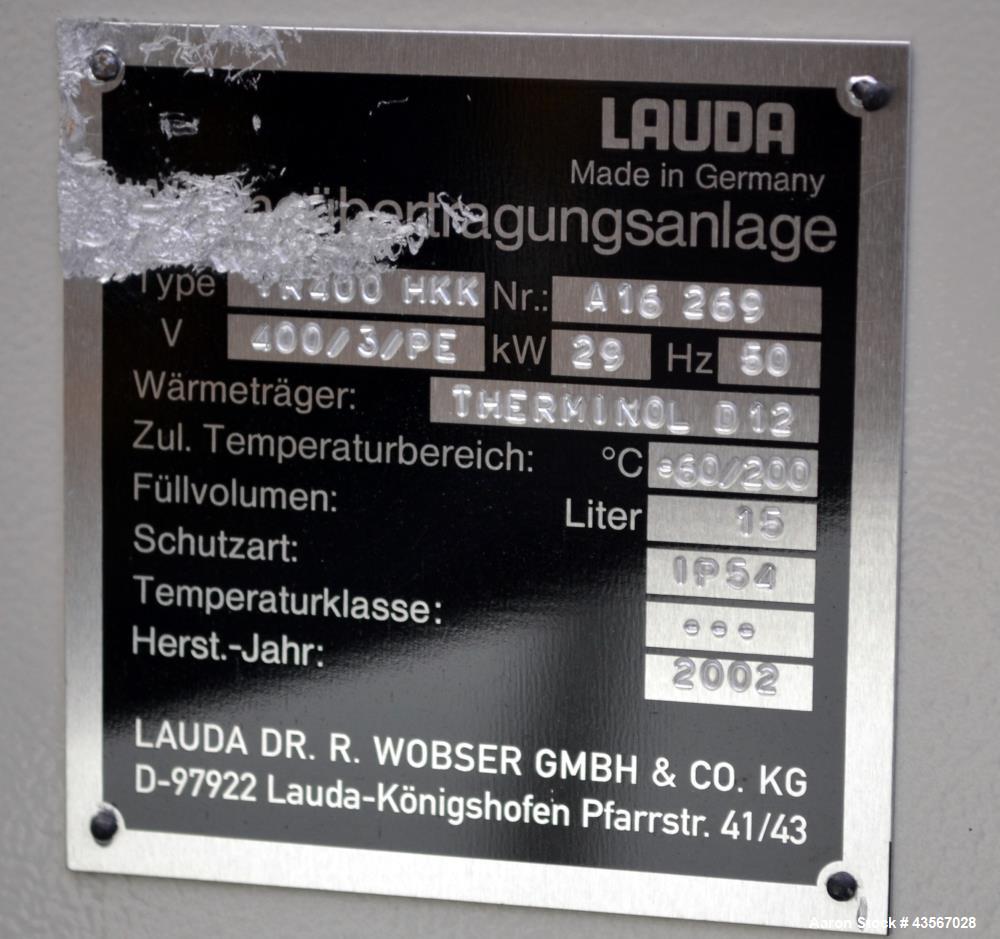 Used Lauda 29kW Secondary Circle Unit Heater, Type TR400HKK. Temperature range -60 to 200 degrees C. (-76 to 392 F.). 3/50/400 volt. Mounted on casters. Built 2002.