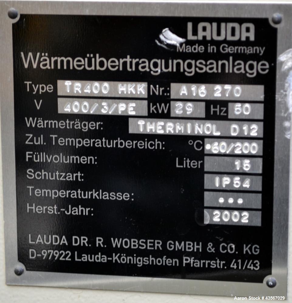 Used Lauda 24kW Secondary Circle Unit Heater, Type TR400HKK. Temperature range -60 to 200 degrees C. (-76 to 392 F.). 3/50/400 volt. Mounted on casters. Built 2002.