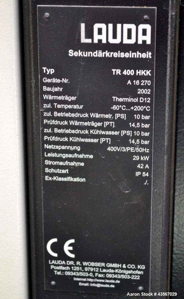 Used Lauda 24kW Secondary Circle Unit Heater, Type TR400HKK. Temperature range -60 to 200 degrees C. (-76 to 392 F.). 3/50/400 volt. Mounted on casters. Built 2002.