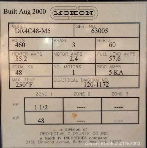 Used Mokon Duratherm Water Temperature Controller, Model DR4C48-M5. Single zone, 48 total KW. Maximum temperature 250 deg F. 3/60/460 volt, Eurotherm 2204E controller. Built 2000.