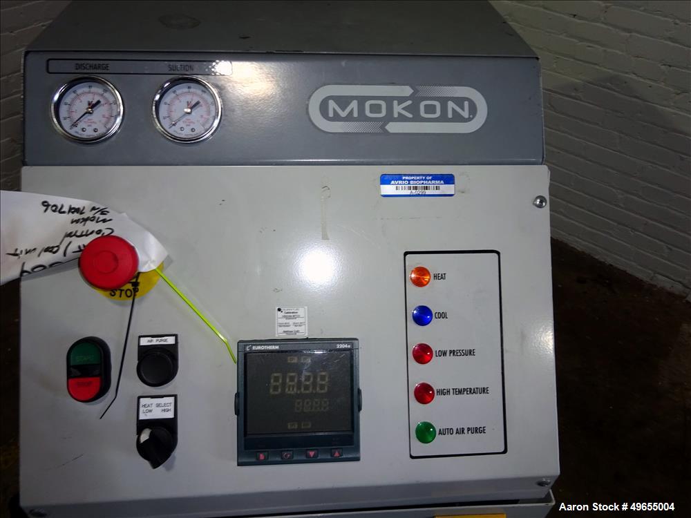 Used Mokon Duratherm Circulating Water Temperature Control System, Model DT4336HT. 36 KW, 3/60/460 volts. Maximum temperature 250 degrees F. Includes a control panel with a Eurotherm 2204E controller...