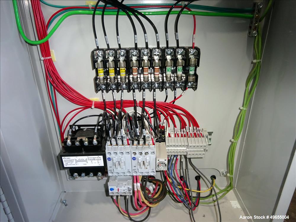 Used Mokon Duratherm Circulating Water Temperature Control System, Model DT4336HT. 36 KW, 3/60/460 volts. Maximum temperature 250 degrees F. Includes a control panel with a Eurotherm 2204E controller...