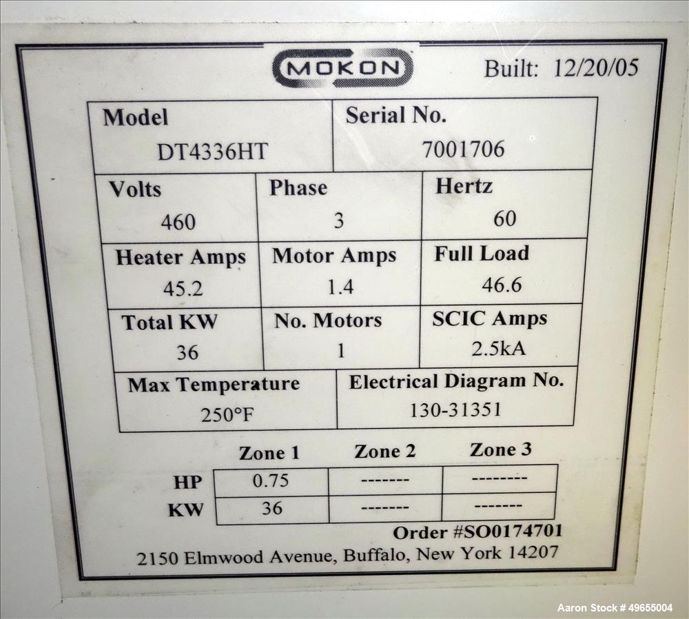 Used Mokon Duratherm Circulating Water Temperature Control System, Model DT4336HT. 36 KW, 3/60/460 volts. Maximum temperature 250 degrees F. Includes a control panel with a Eurotherm 2204E controller...