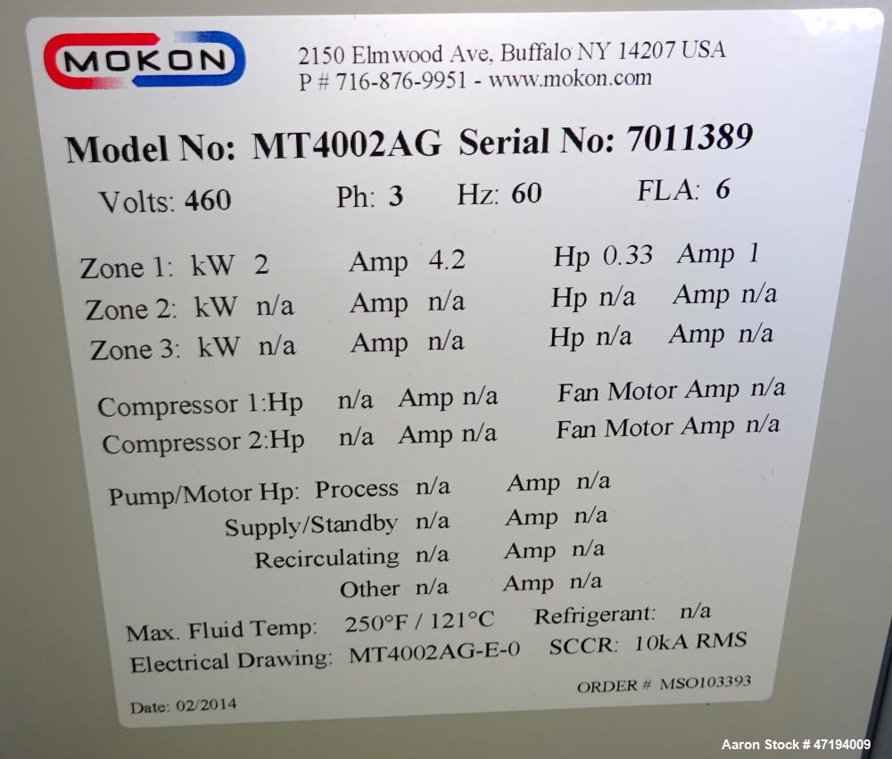 Unused- Mokon Minitherm Circulating Water Temperature Control System, Model MT4002AG. 2KW, 3/60/460 volts. Maximum temperature 250 degrees F. Includes a control panel with a Eurotherm controller. Ser...