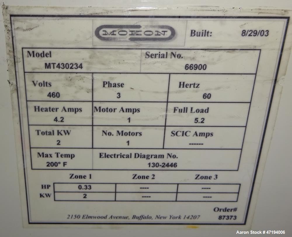 Used Mokon Minitherm Circulating Water Temperature Control System, Model MT430234. 2KW, 3/60/460 volts. Maximum temperature 200 degrees F. Includes a control panel with a Eurotherm controller. Serial...