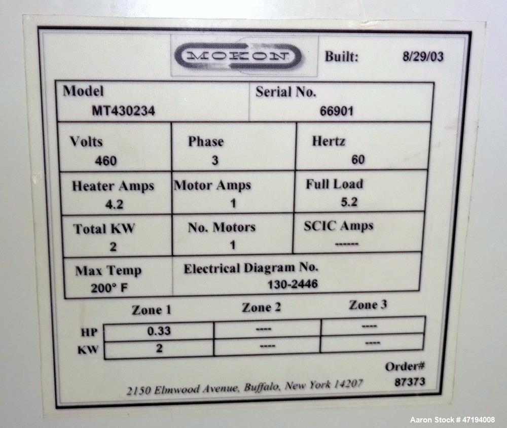 Used Mokon Minitherm Circulating Water Temperature Control System, Model MT430234. 2KW, 3/60/460 volts. Maximum temperature 200 degrees F. Includes a control panel with a Eurotherm controller. Serial...