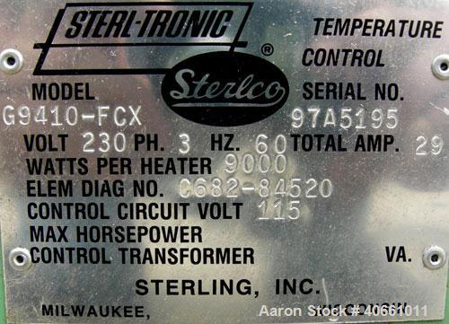 Used Sterlco Sterl-Tronic Heating and Temperature Control Unit, model G9410-FCX. 3/60/230 volt, 29 amps. 9000 watts per heater. Operating temperature range from supply water to 250 degrees F. Driven ...