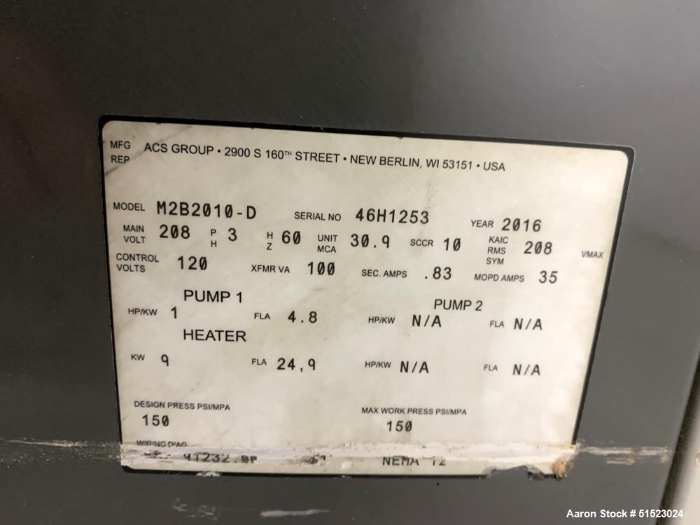 Used Sterlco Portable Water Temperature Control Unit, Model M2B2010-D.  1 HP Pump, 35 GPM, 150 PSI Max Working Pressure, 9 kW Heater, 32-250 Degrees F Setpoint Operating Range.  3/60/208 Volt.  Seria...