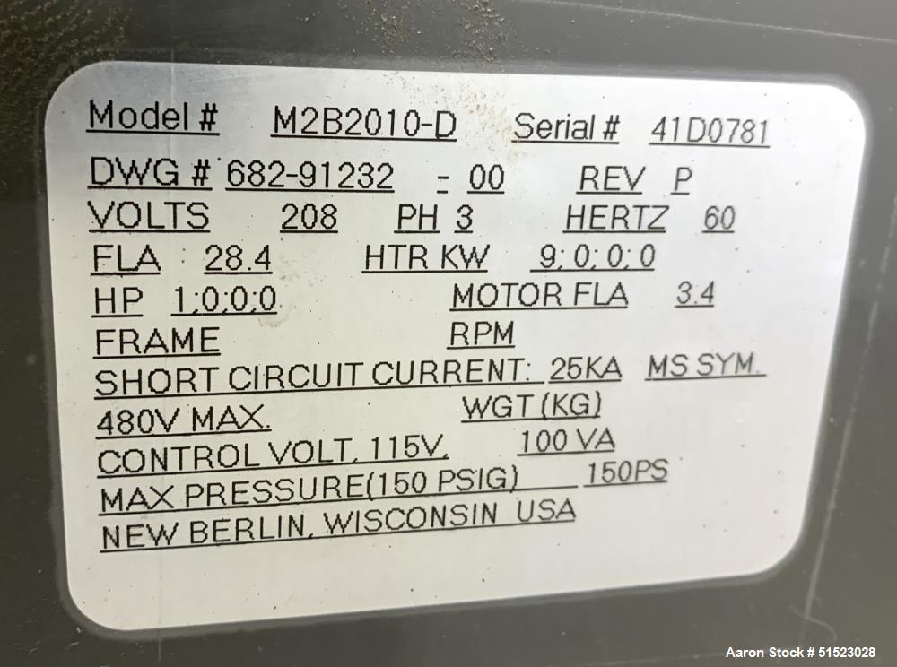 Used Sterlco Portable Water Temperature Control Unit, Model M2B2010-D.  1 HP Pump, 35 GPM, 150 PSI Max Working Pressure, 9 kW Heater, 32-250 Degrees F Setpoint Operating Range.  3/60/208 Volt.  Seria...
