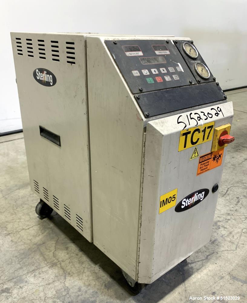 Used Sterlco Portable Water Temperature Control Unit, Model M2B2010-D.  1 HP Pump, 35 GPM, 150 PSI Max Working Pressure, 9 kW Heater, 32-250 Degrees F Setpoint Operating Range.  3/60/208 Volt.  Seria...
